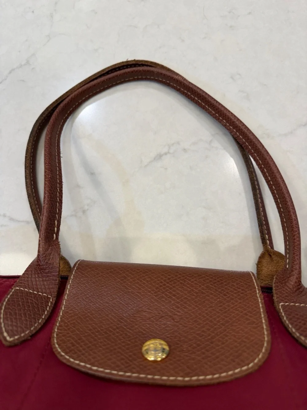 Longchamp Red Nylon Tote with Brown Leather Trim - Picture 8 of 14
